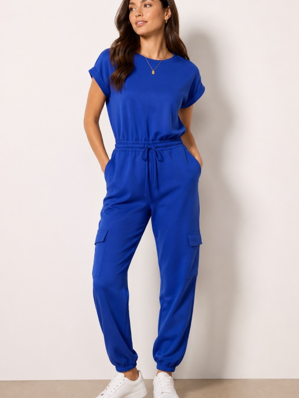 Royal Blue Utility Cargo Jumpsuit Women's M Stretch Scuba Knit Short Sleeve M